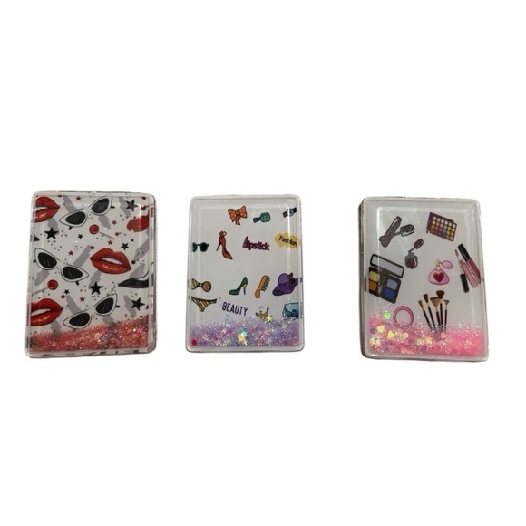 Other - Trendy Compact Makeup Mirrors with Fun Graphics and Floating Glitter NWT